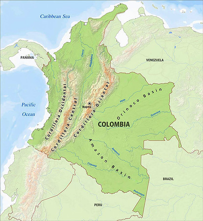 Map of Colombia showing the three branches (cordilleras) of the Andes: Western (Occidental), Central and Eastern (Oriental)